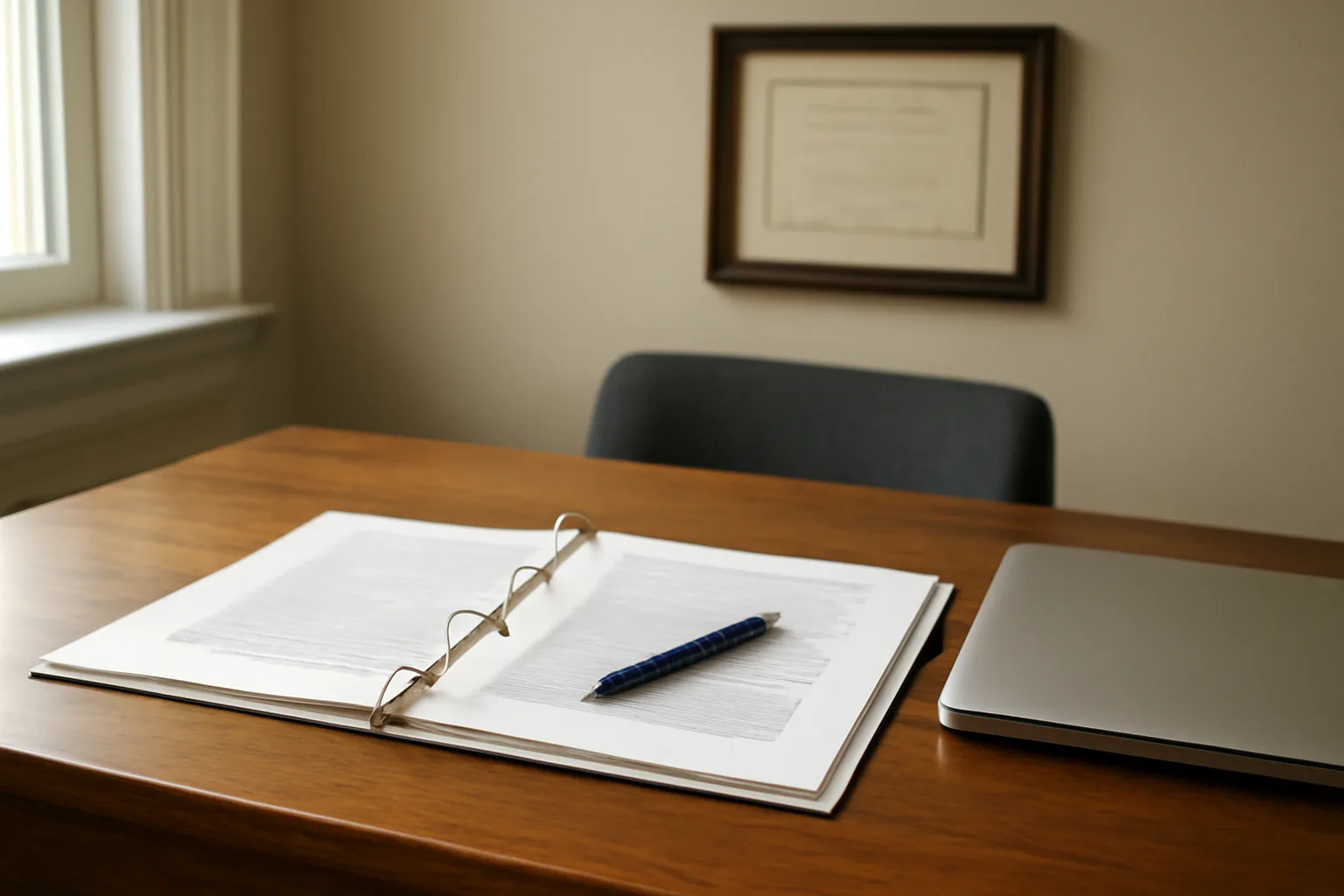 Open policy and procedure binder on desk in assisted living facility office