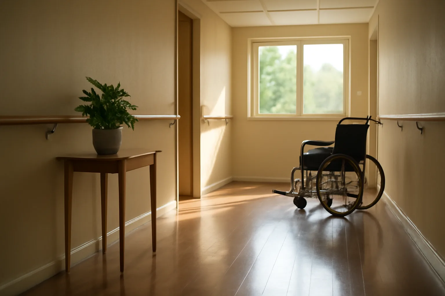 Empty hallway in a small residential assisted living facility with handrails and natural light