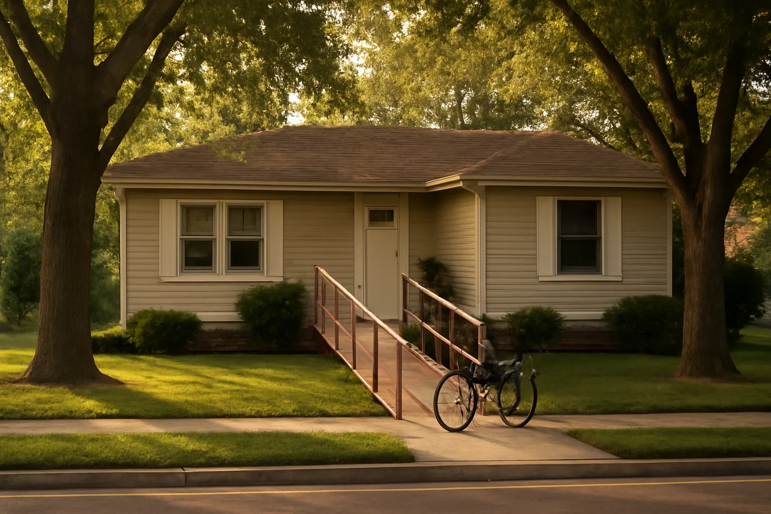 Accessible single-story group home exterior in a residential neighborhood with ramp