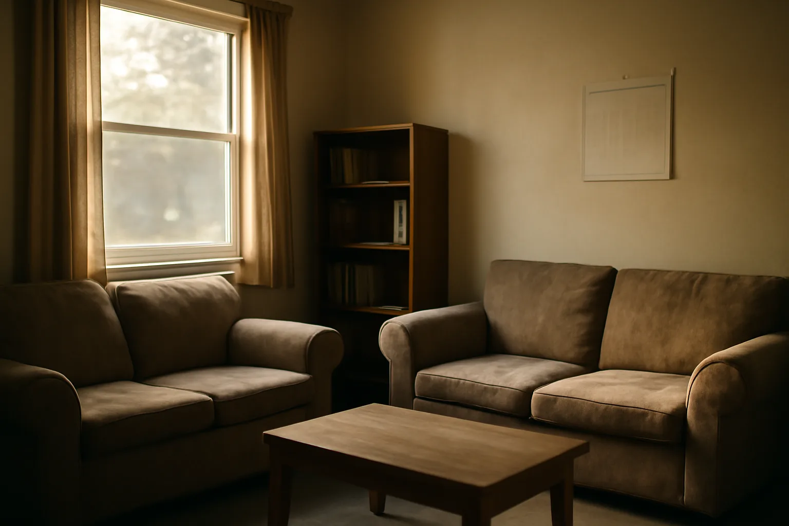 Empty living room in a residential boys group home with afternoon light