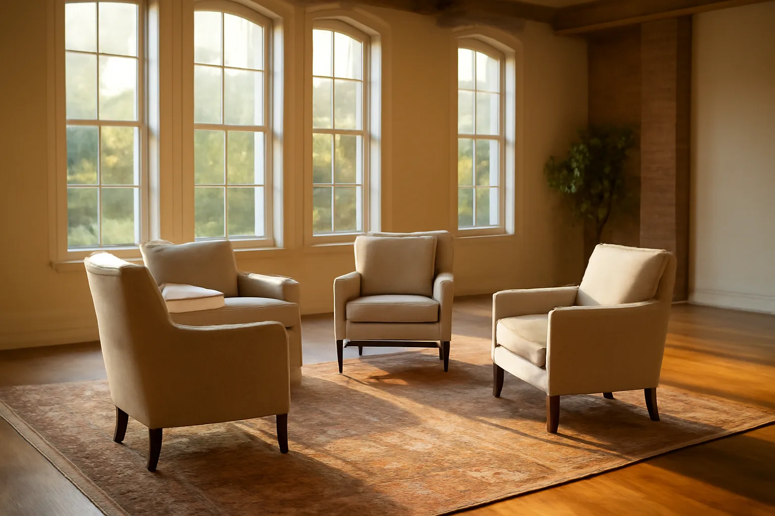 sunlit shared living room in a licensed group home for children, empty seating circle