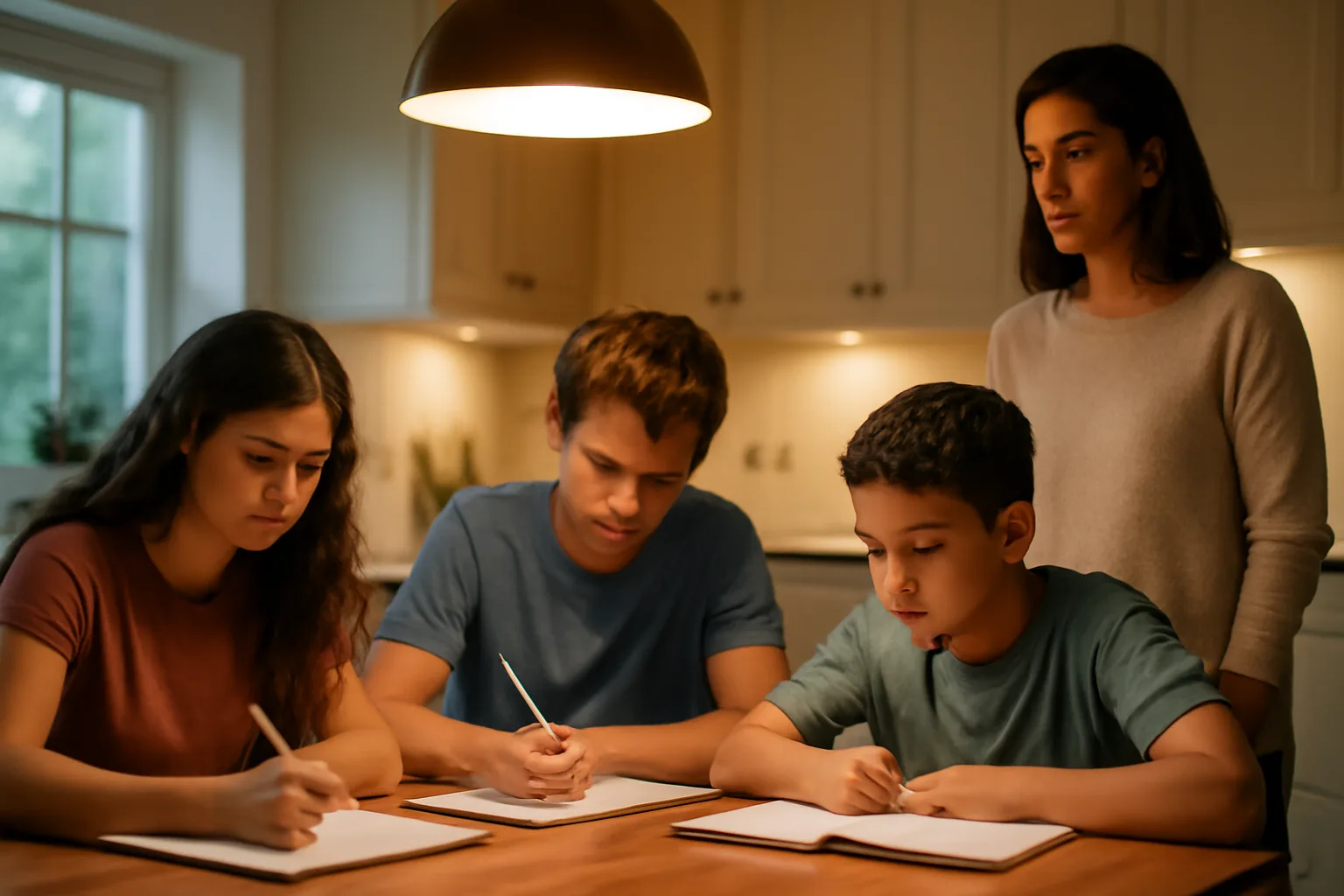 Children doing homework at dining table with adult supervisor in group home setting