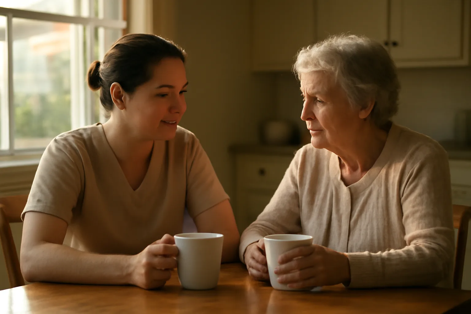 Caregiver and adult resident sitting together in a group home kitchen in afternoon light