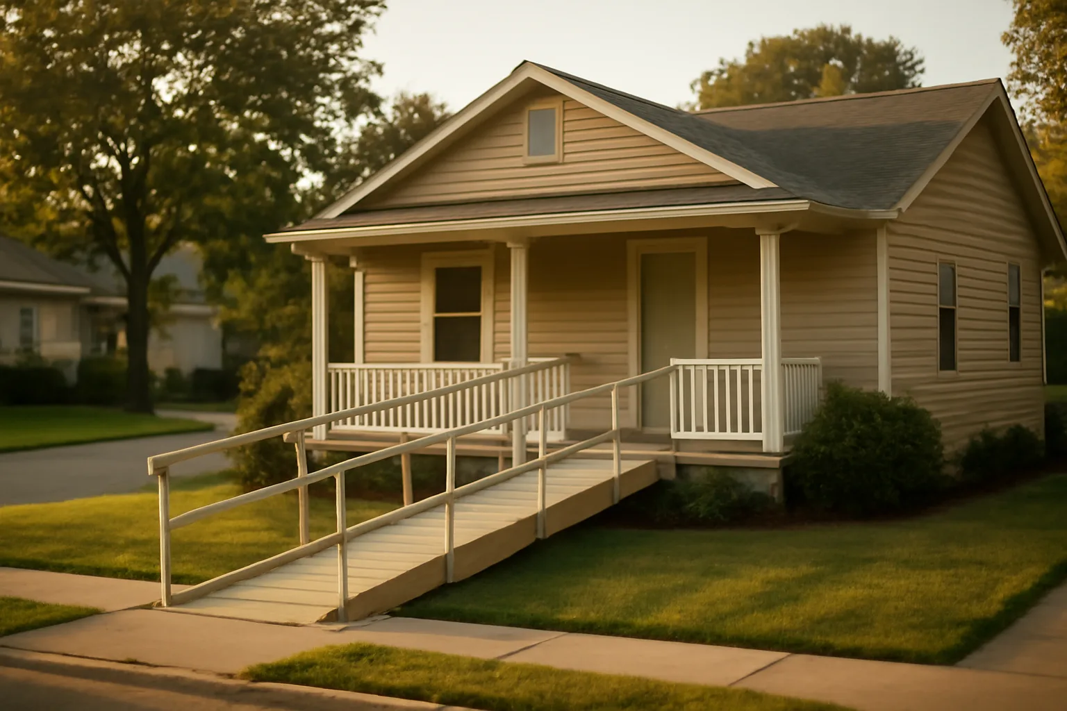 Single-story residential group home with wheelchair ramp in a suburban neighborhood