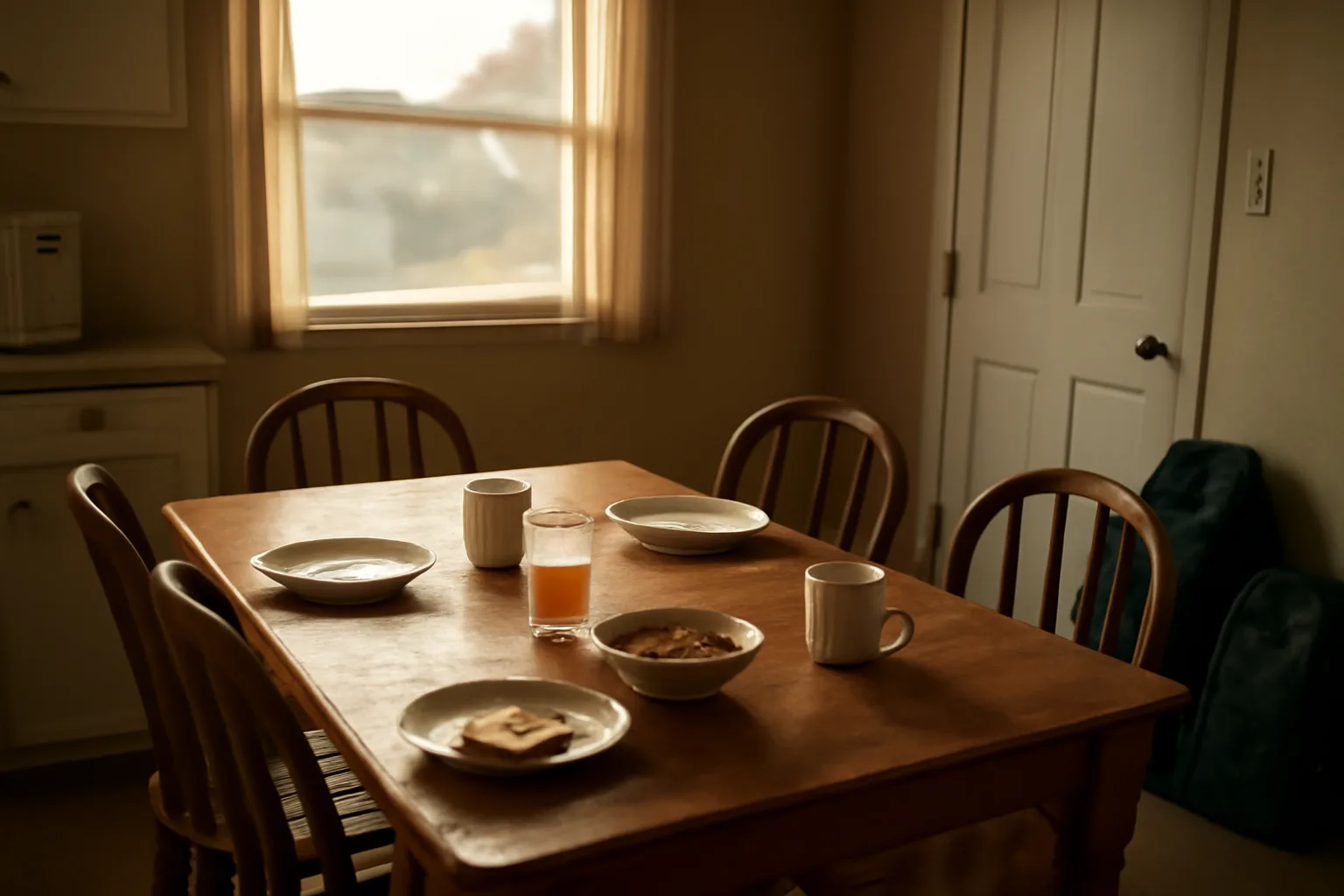 Sunlit kitchen table set for breakfast in a youth group home