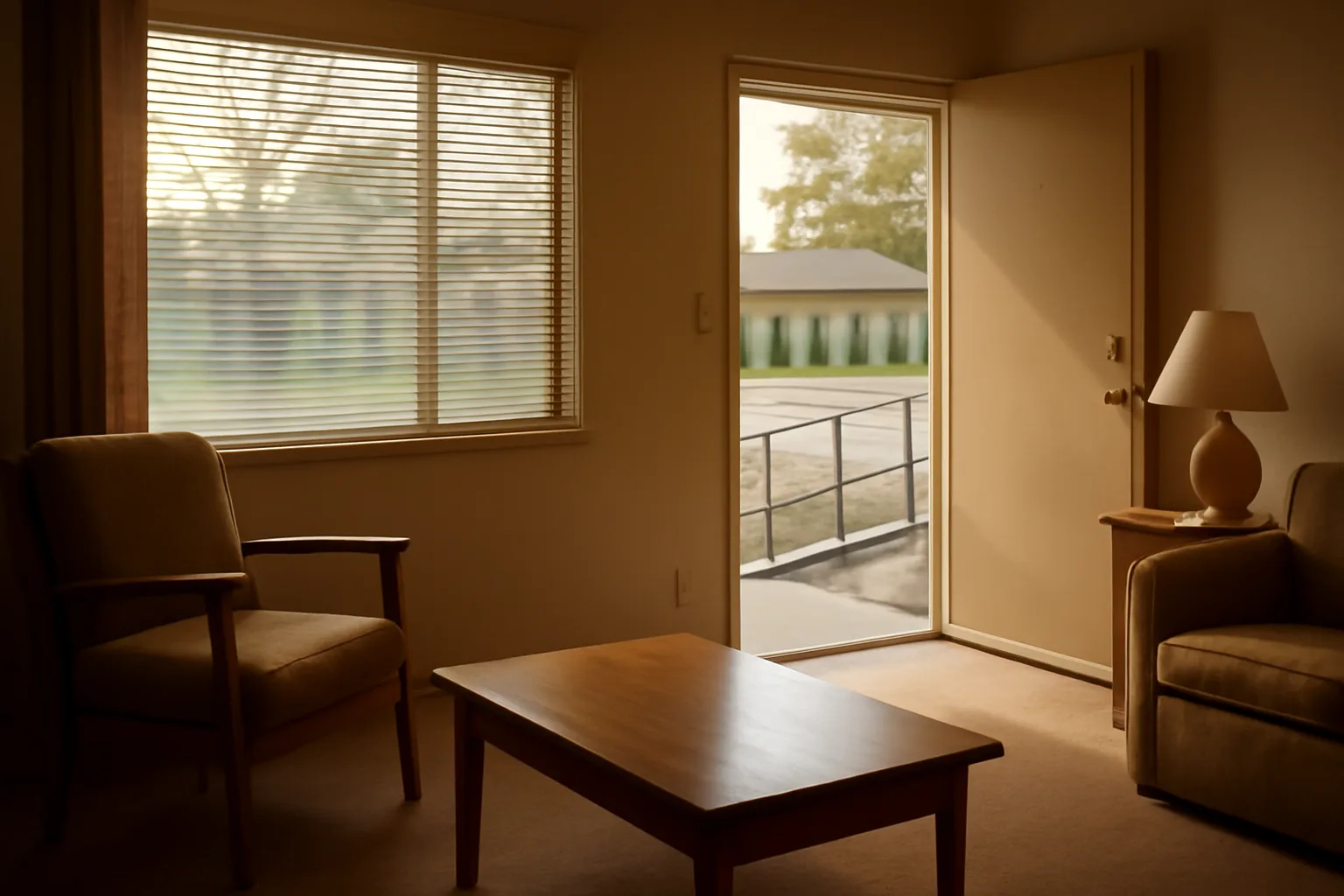 Suburban group home living room with wheelchair ramp visible through open front door