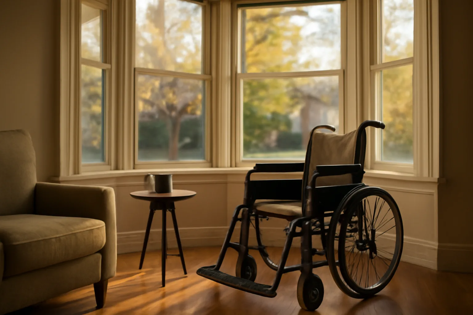 Sunlit living room in a residential group home with an accessible armchair by the window