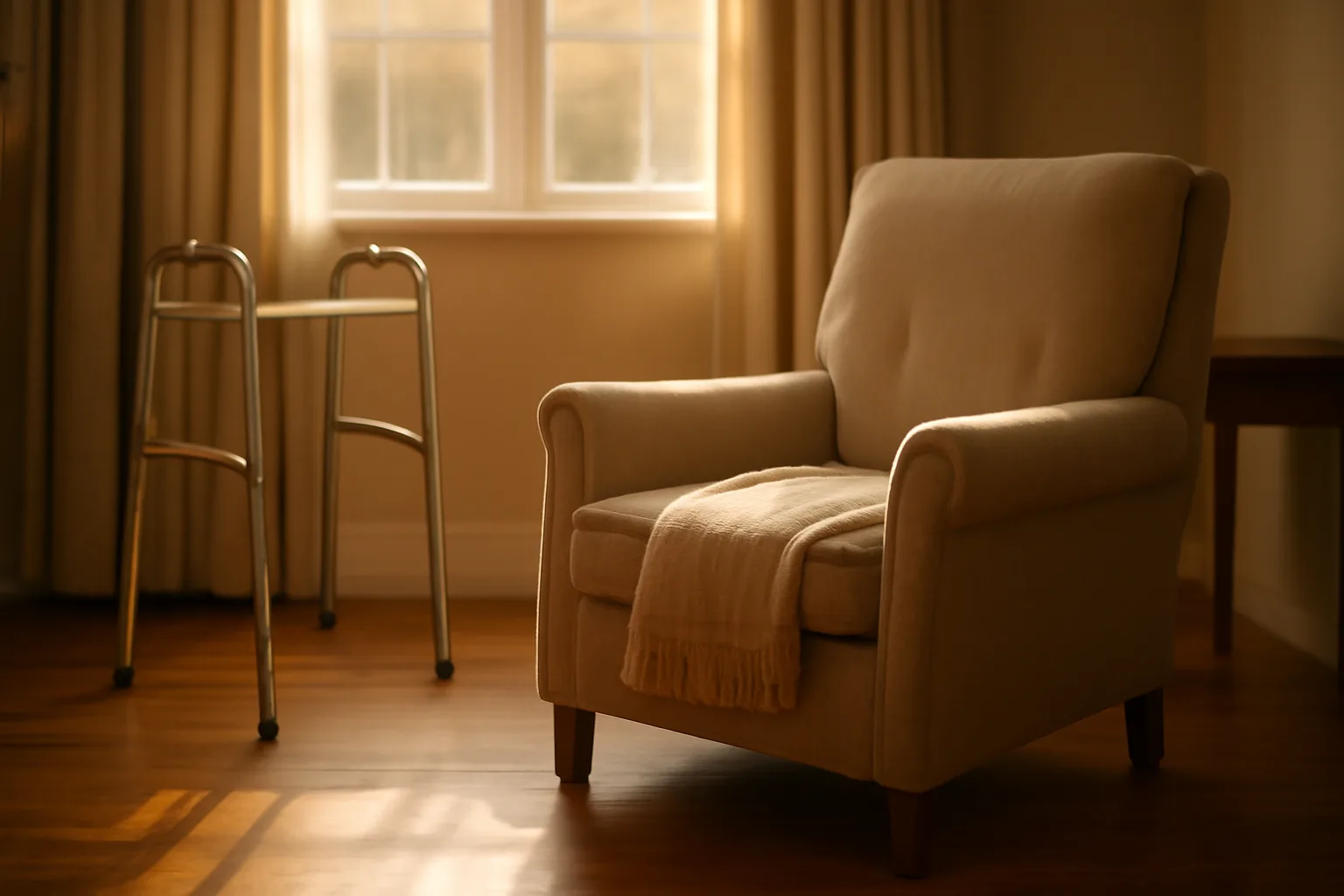 Sunlit living room in a residential assisted living group home with an empty armchair and walker