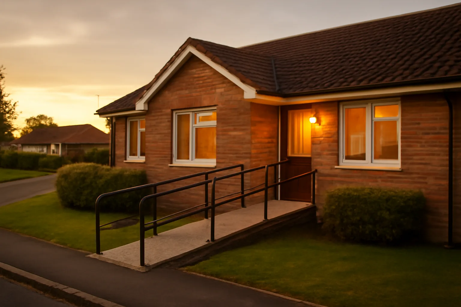 Suburban adult care home with wheelchair ramp at golden hour, no signage visible