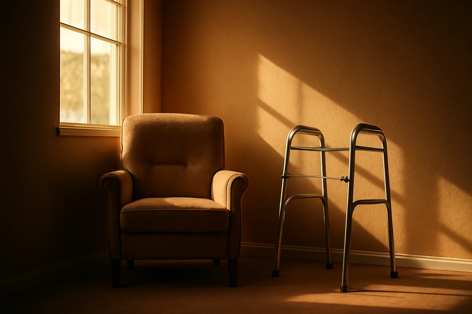Sunlit living room in a small residential care home with an empty armchair and walker