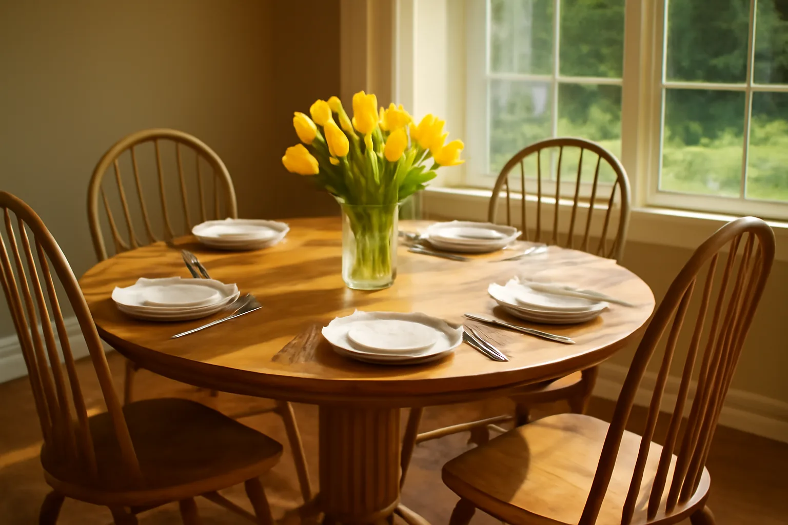 Bright residential dining room prepared for adult foster care home residents in Michigan