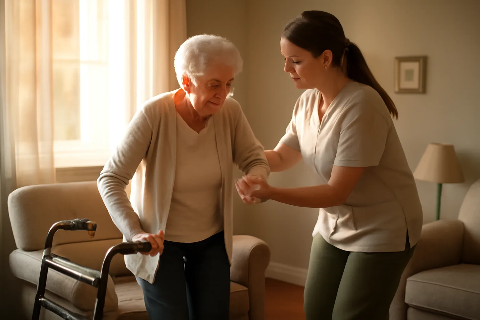 Caregiver helping a resident stand in a small adult foster care home living room