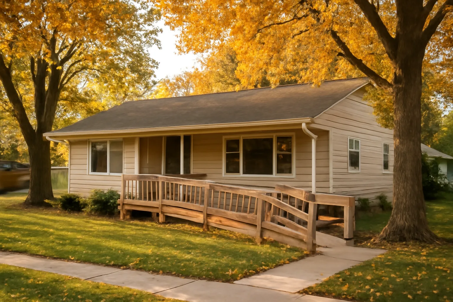 Single-story ranch home with wheelchair ramp representing adult foster care in Michigan