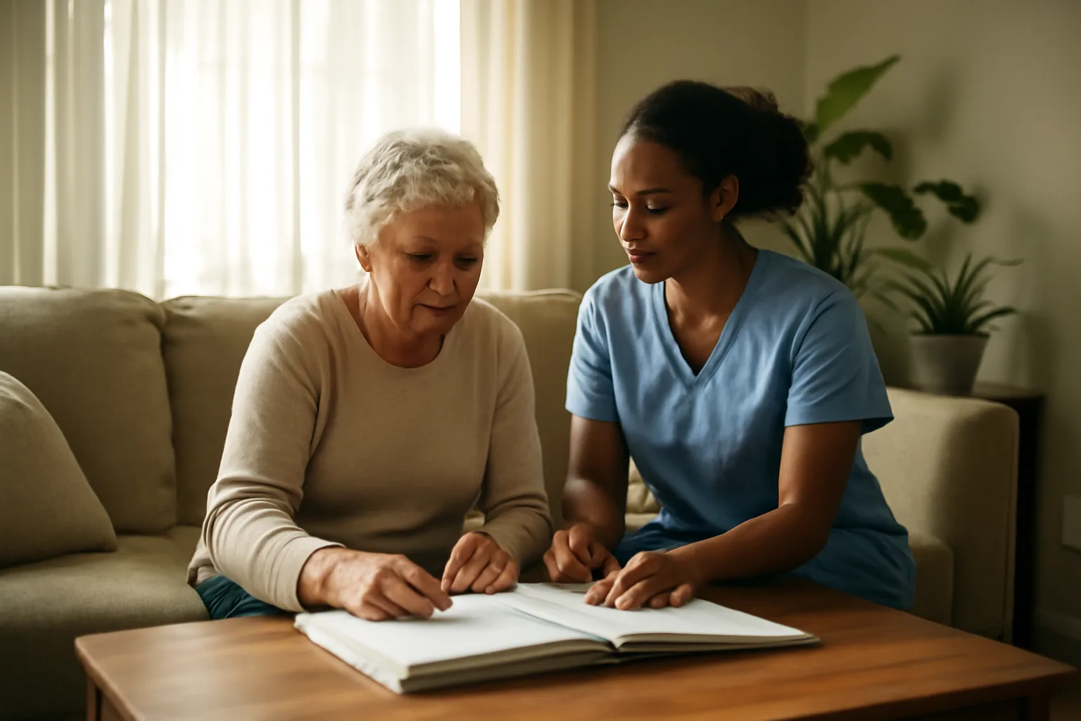 Caregiver and senior reviewing care plan in adult foster care home living room