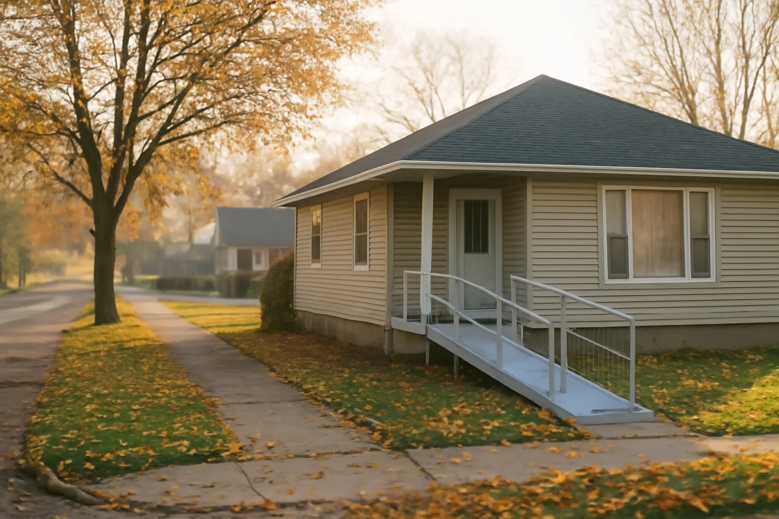 Single-family home with wheelchair ramp representing adult foster care Michigan licensing