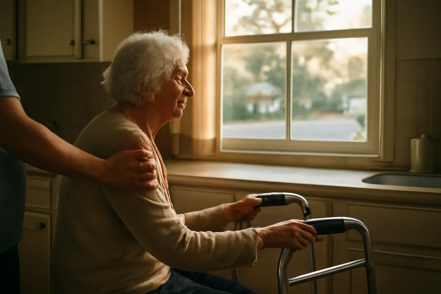 Caregiver assisting an older adult in a home kitchen typical of adult foster care in Portland