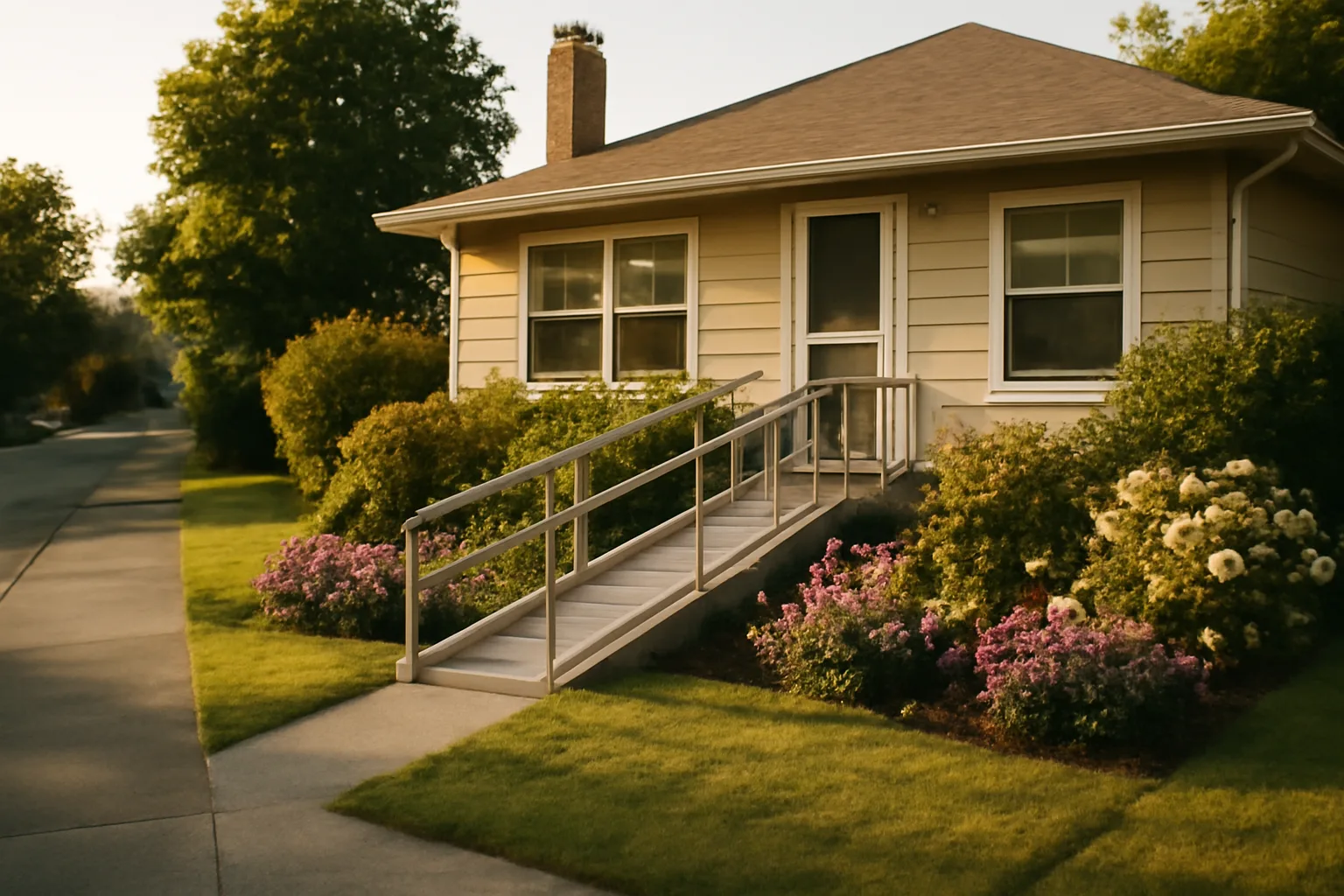 Single-story home with wheelchair ramp representing an adult foster care provider setting
