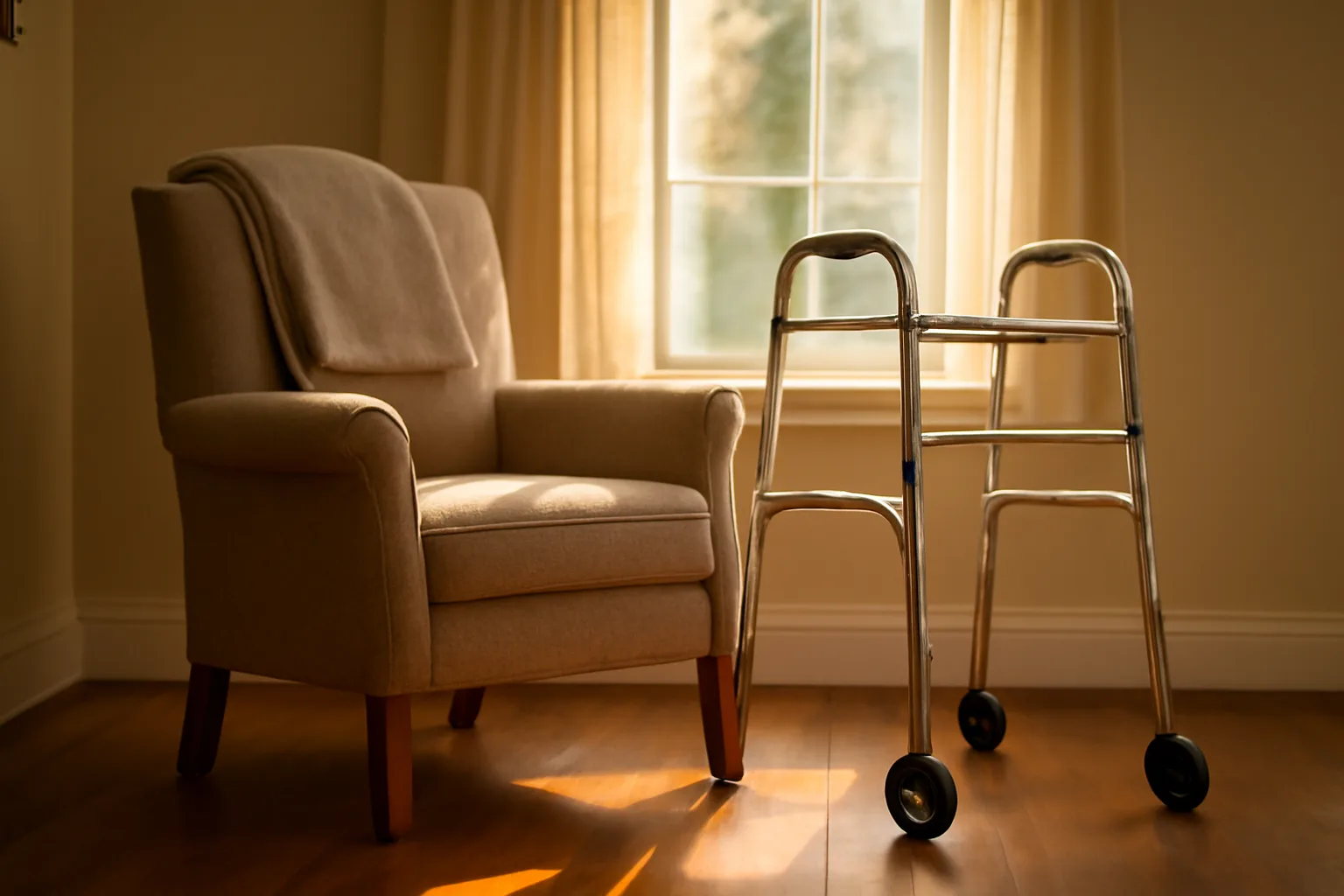 Living room in a small adult foster care home with armchair and walker