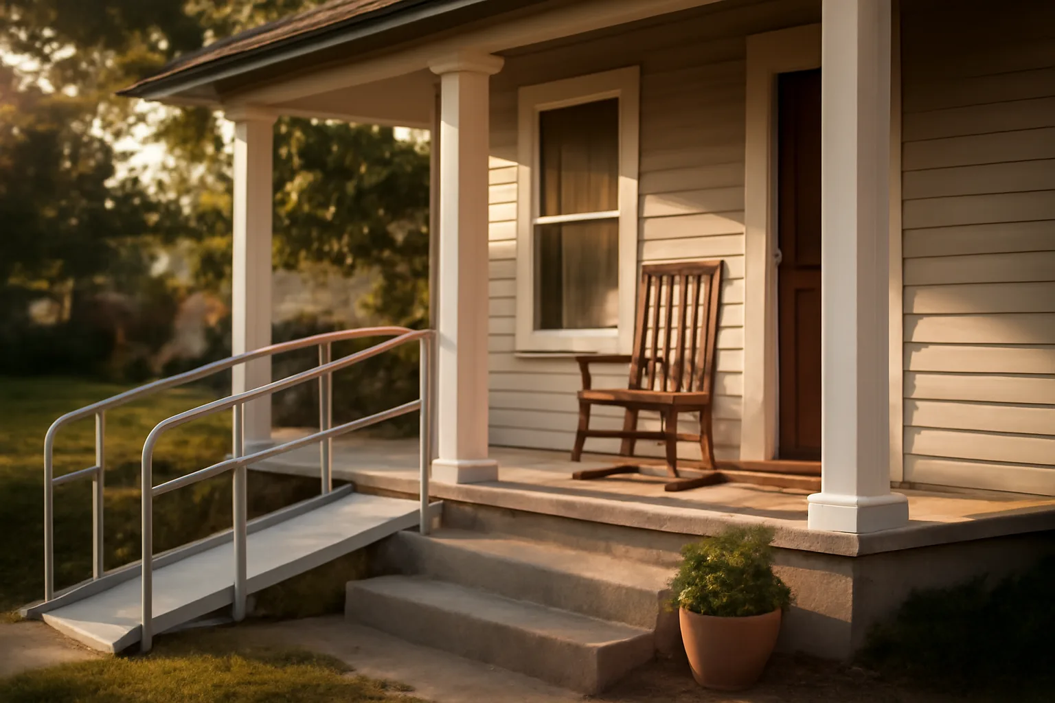 Front porch of a residential home used for adult foster care with a wheelchair ramp
