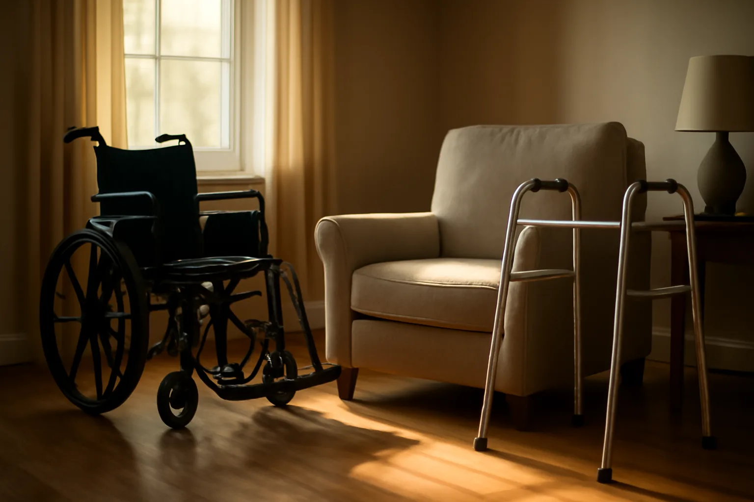 Sunlit living room in a small residential group home with a walker beside a chair
