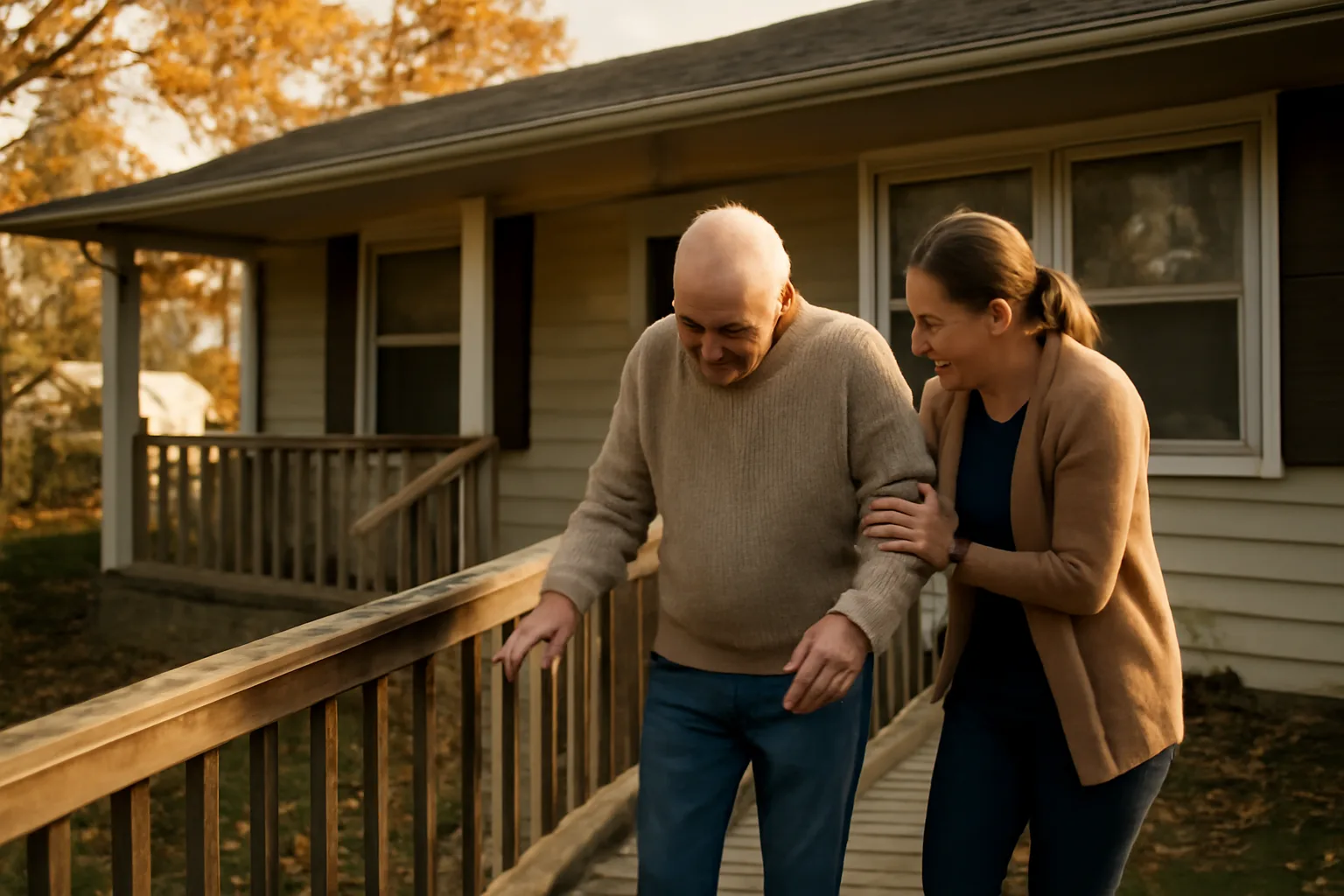 Caregiver assisting elderly resident down ramp outside a Wisconsin adult family home