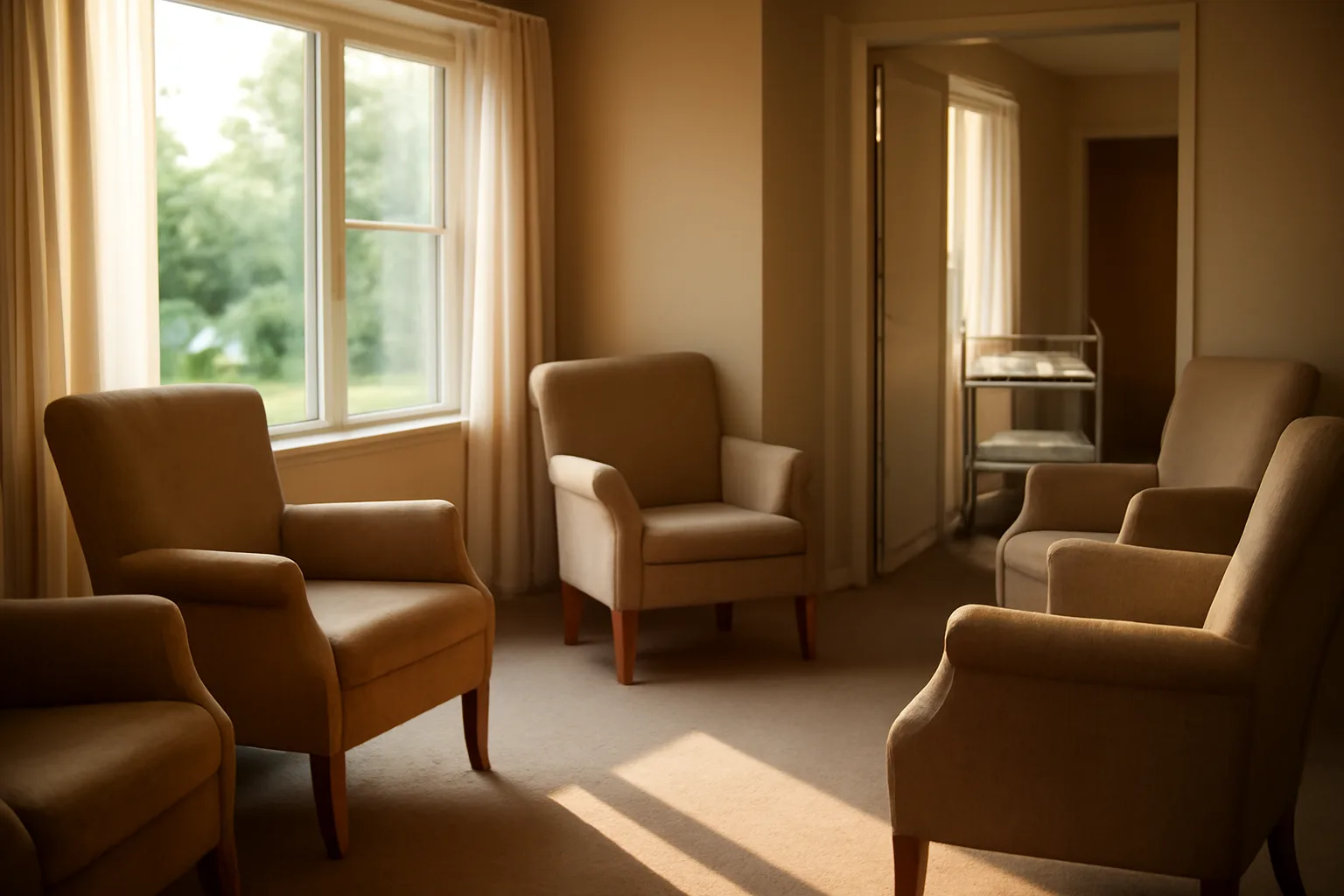 Sunlit assisted living facility common room with empty armchairs near a window
