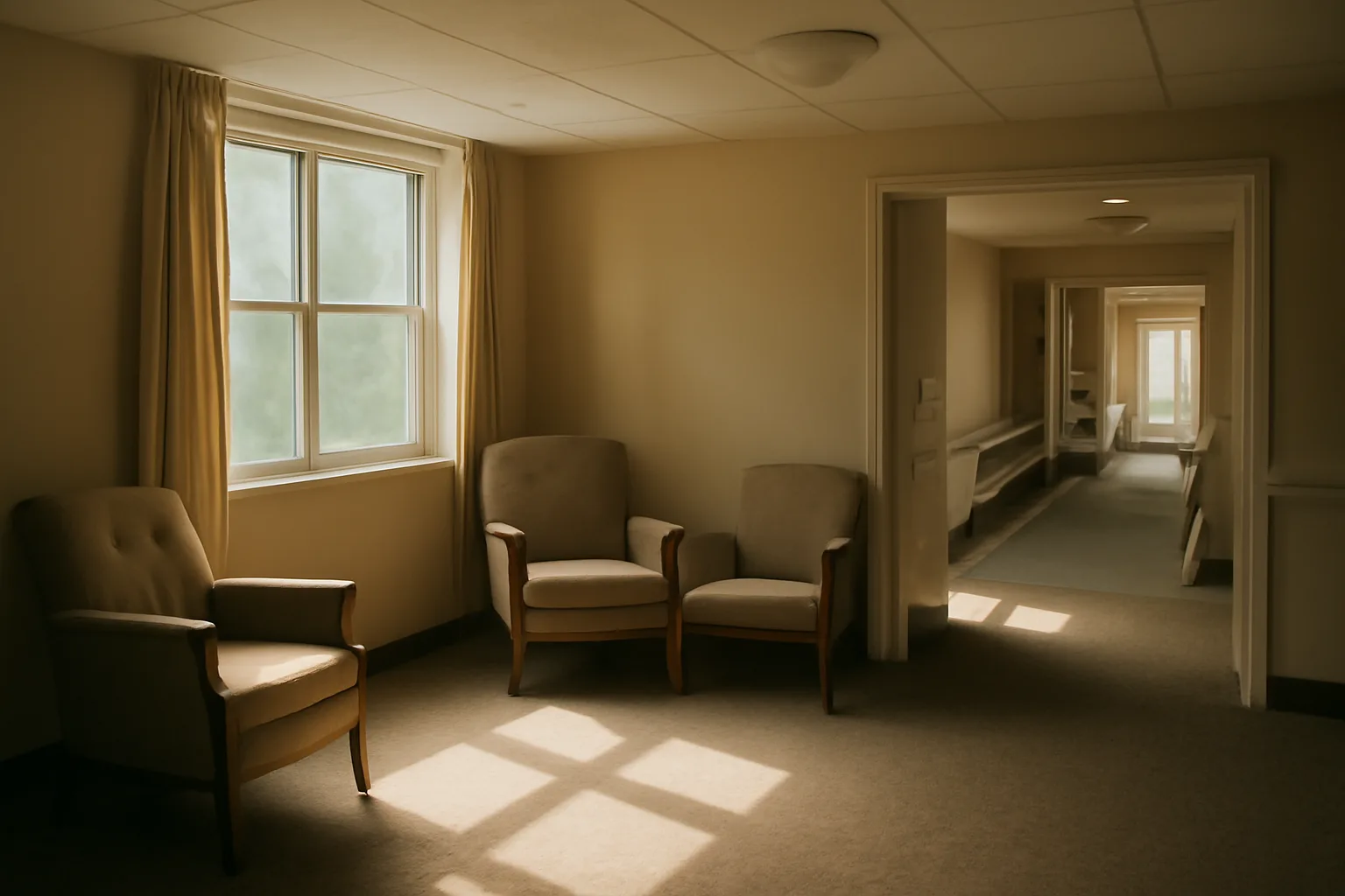 Sunlit common room in an assisted living facility with empty armchairs and a visible wheelchair ramp