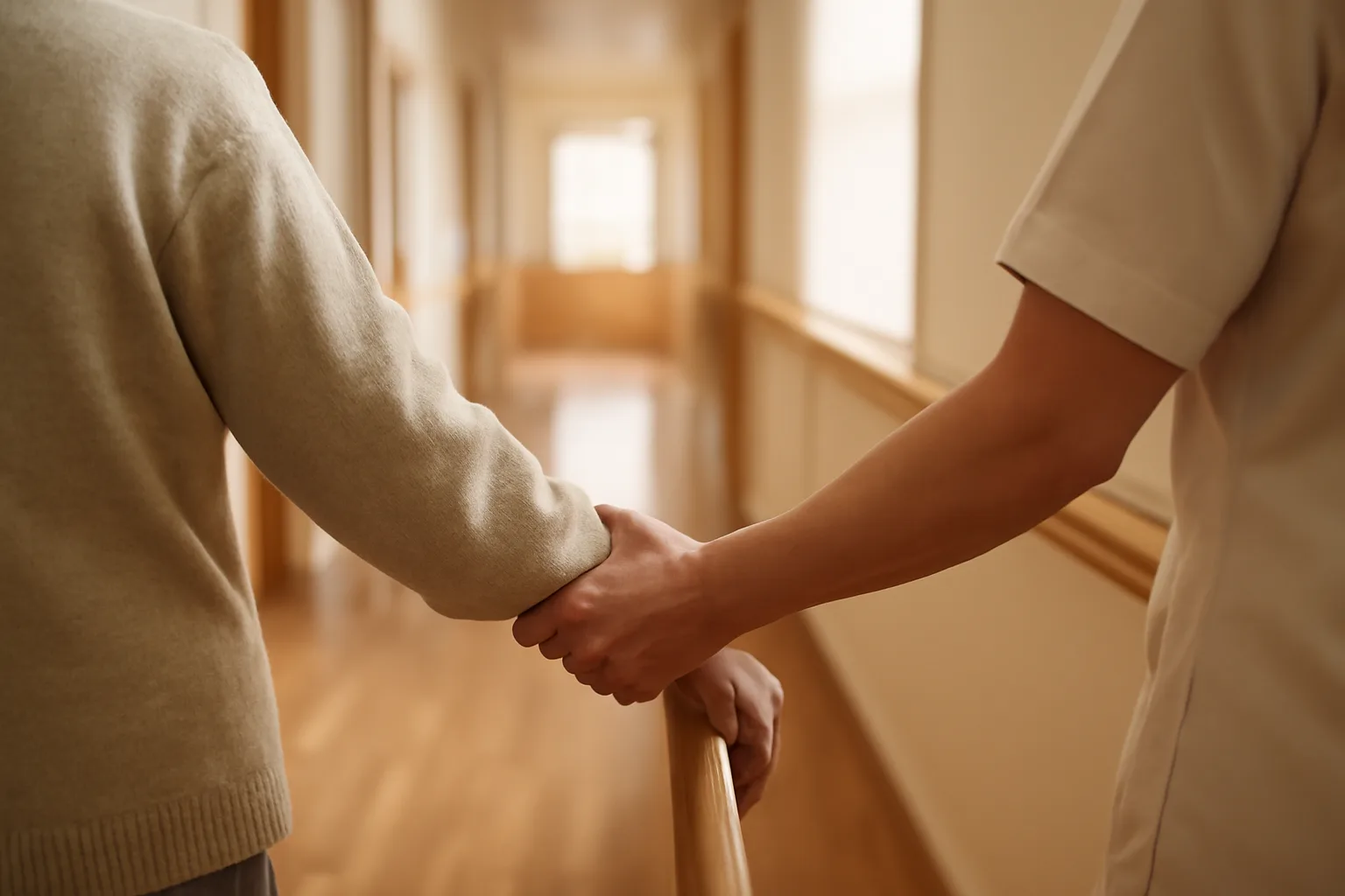 Caregiver assisting an elderly resident down a sunlit hallway in a residential care home