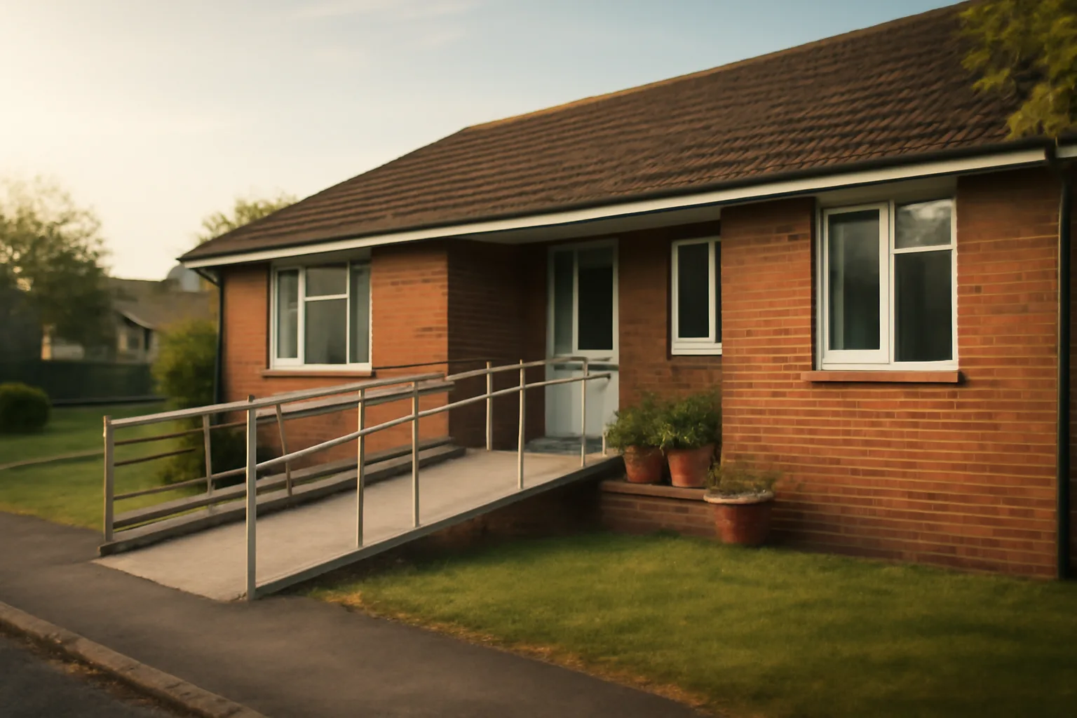Brick residential group home exterior with wheelchair ramp in morning light