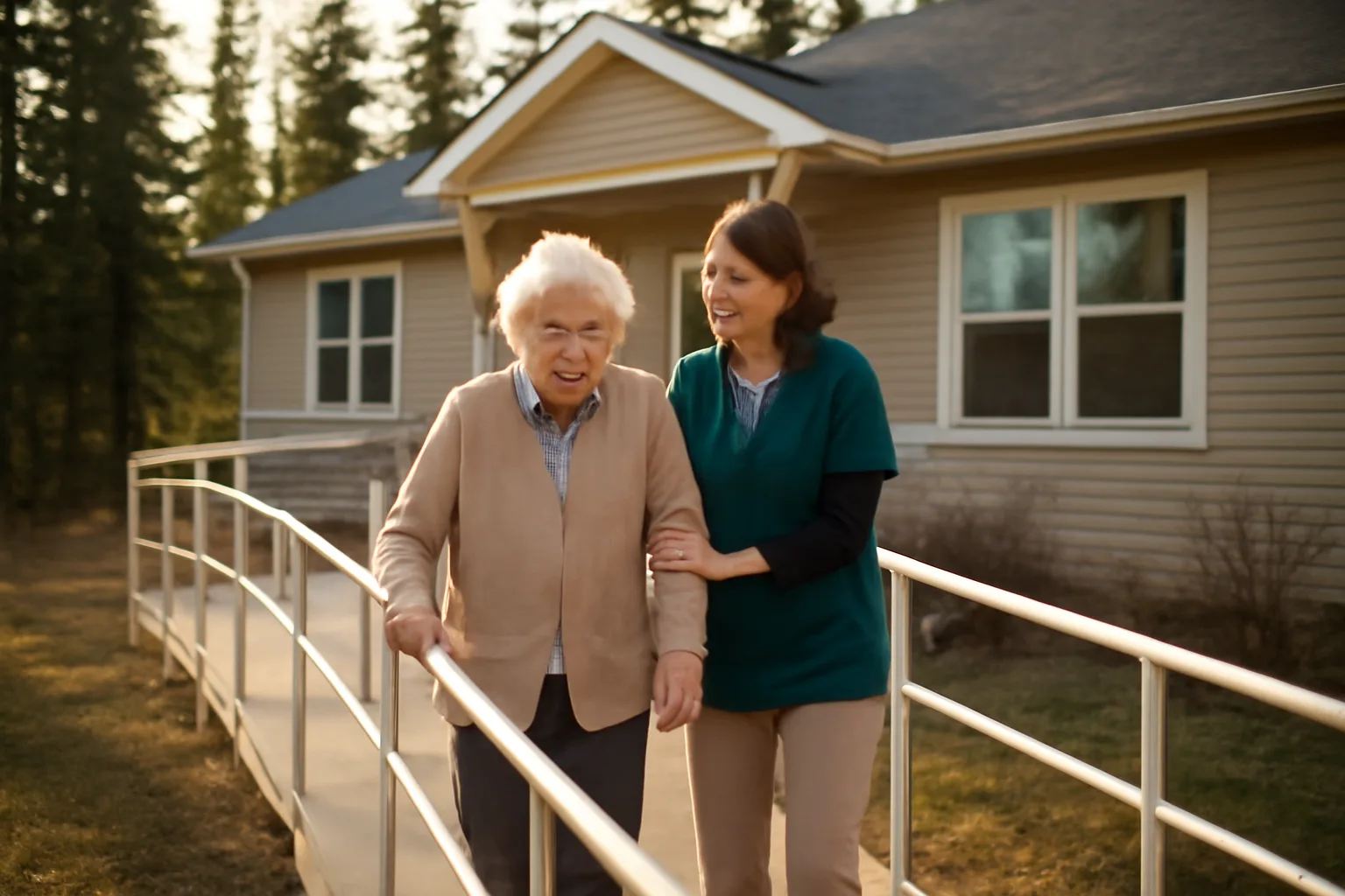 Caregiver assisting elderly resident down ramp outside Alaska assisted living home