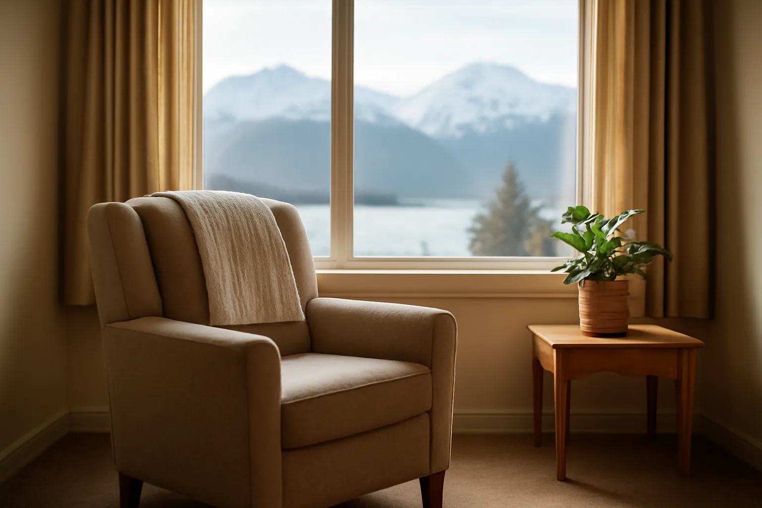 Sunlit living room in a small Alaska assisted living home with mountain view outside