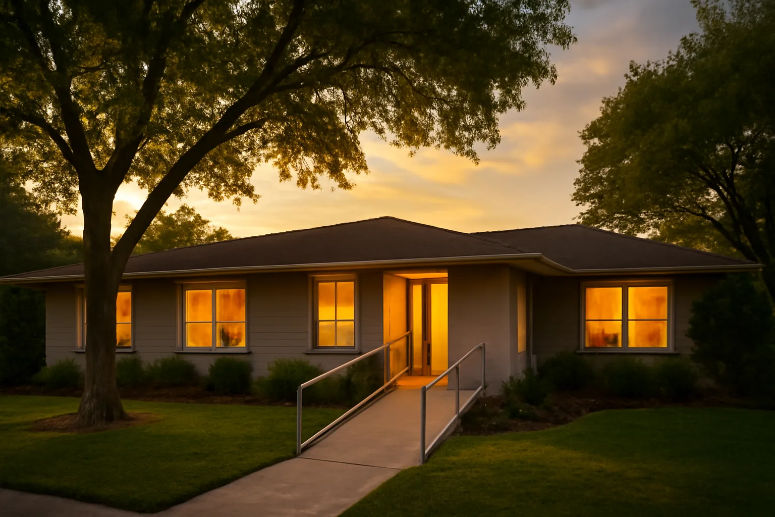 Residential assisted living home exterior at dusk with accessible entrance
