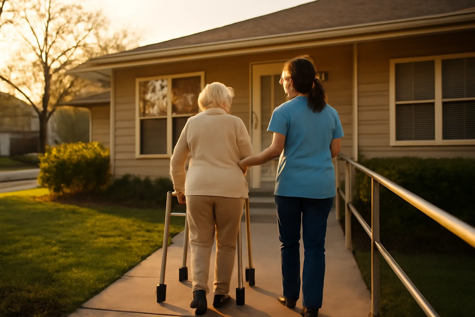 Caregiver and resident approaching a licensed group home with wheelchair ramp