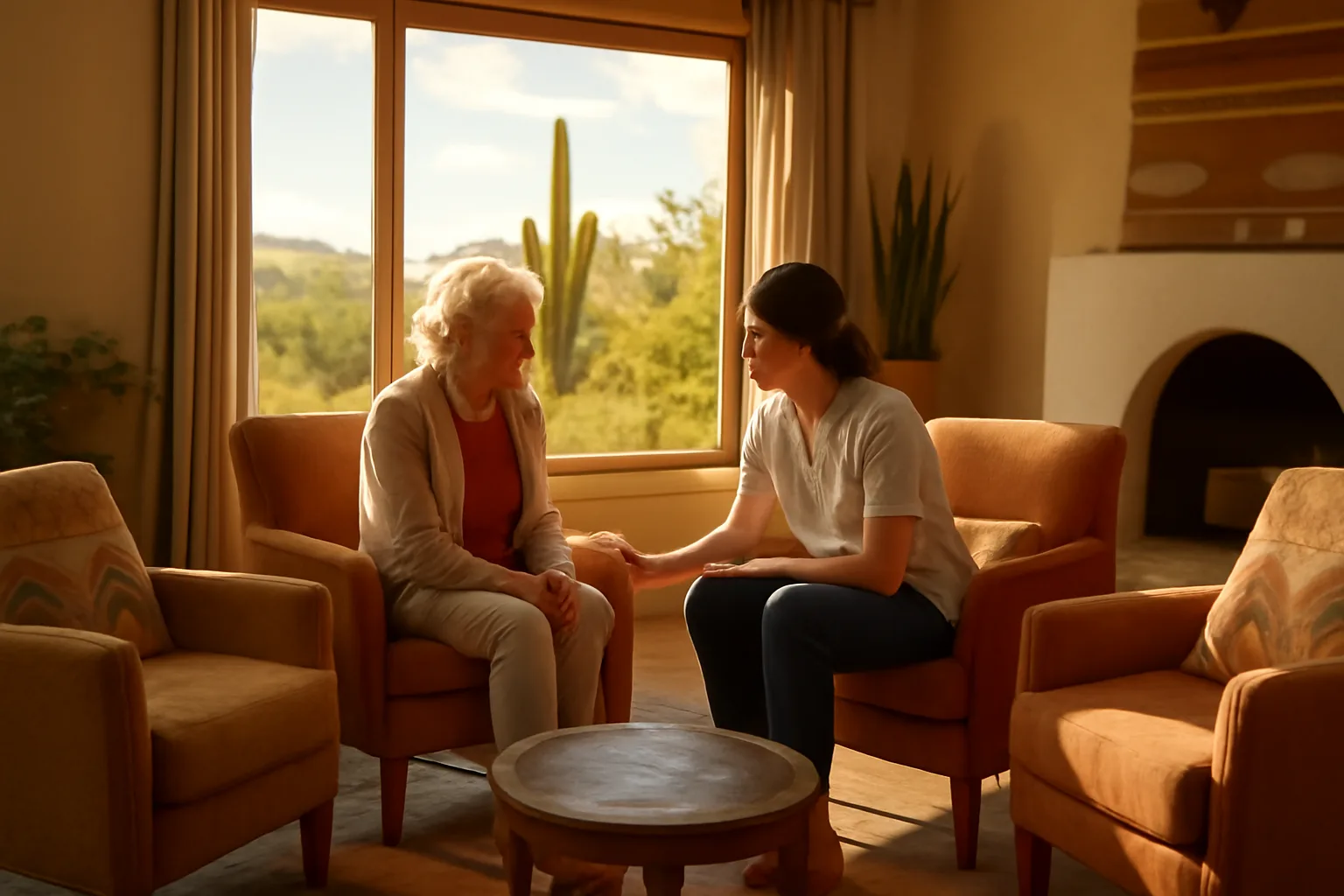 Arizona assisted living facility common area with caregiver and resident