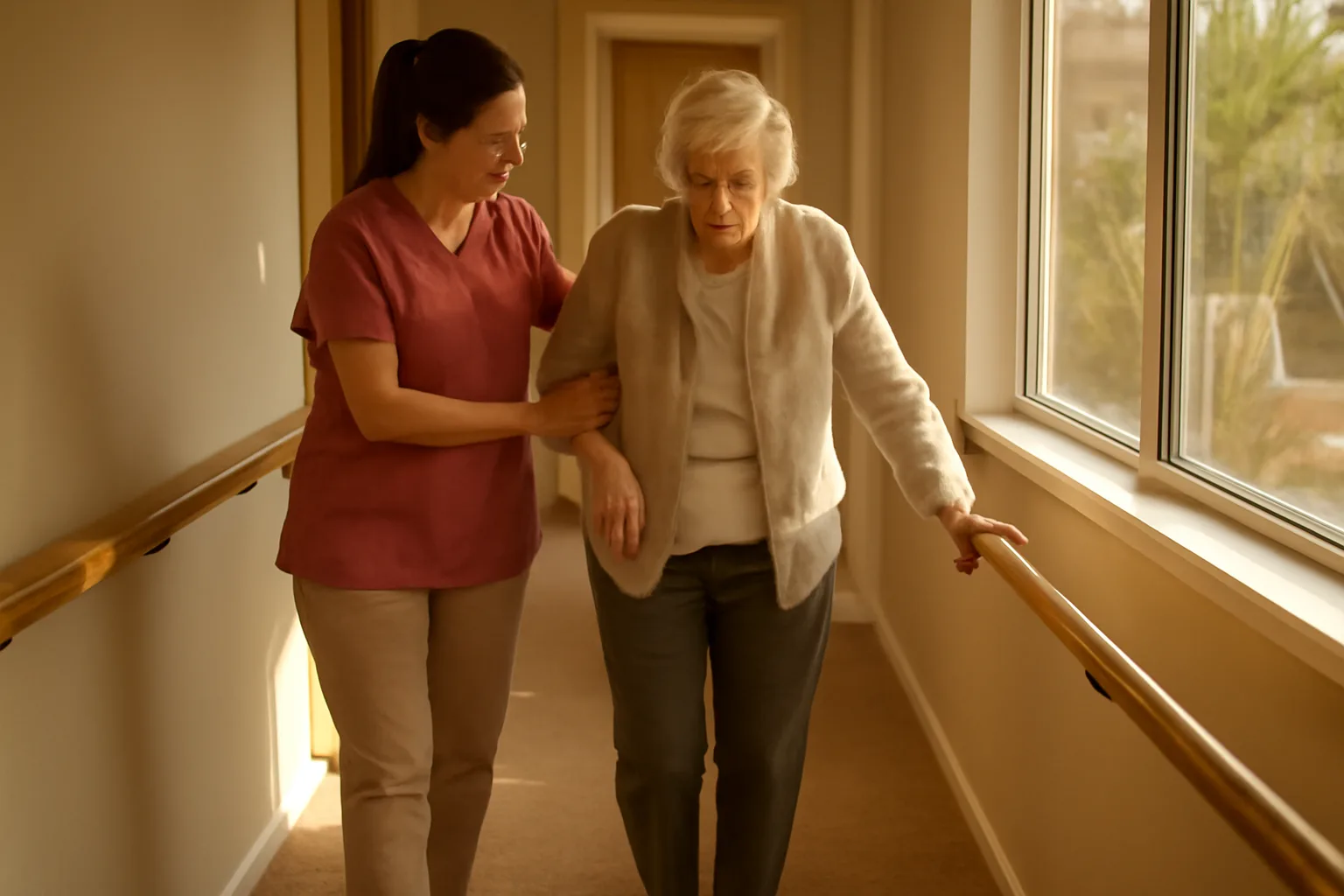 Caregiver assisting older resident in hallway of an Arizona assisted living home