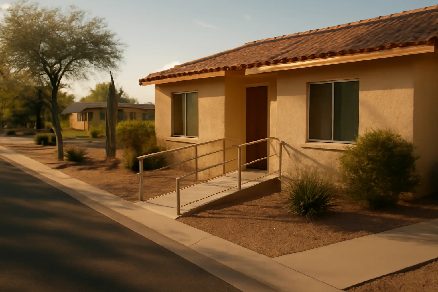 Stucco single-story home with wheelchair ramp representing an Arizona assisted living facility