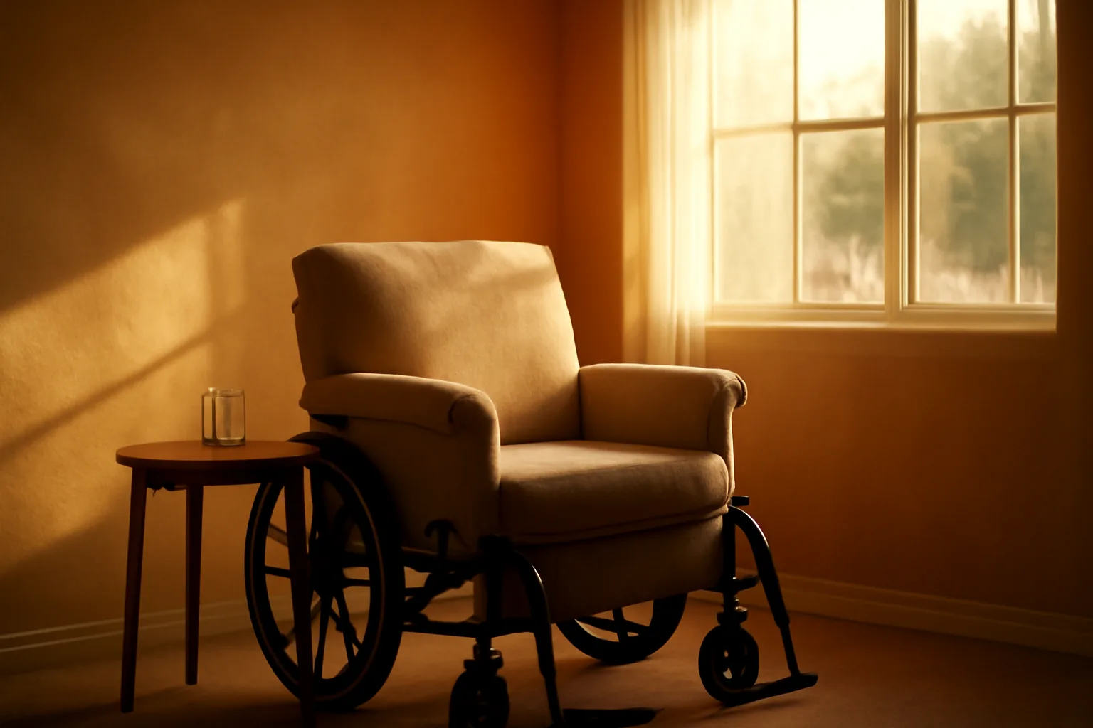 Sunlit living room in an Arizona assisted living home with an empty armchair