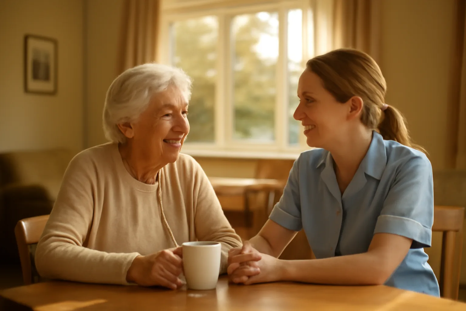 Caregiver and older resident sitting together in an Arizona assisted living common room