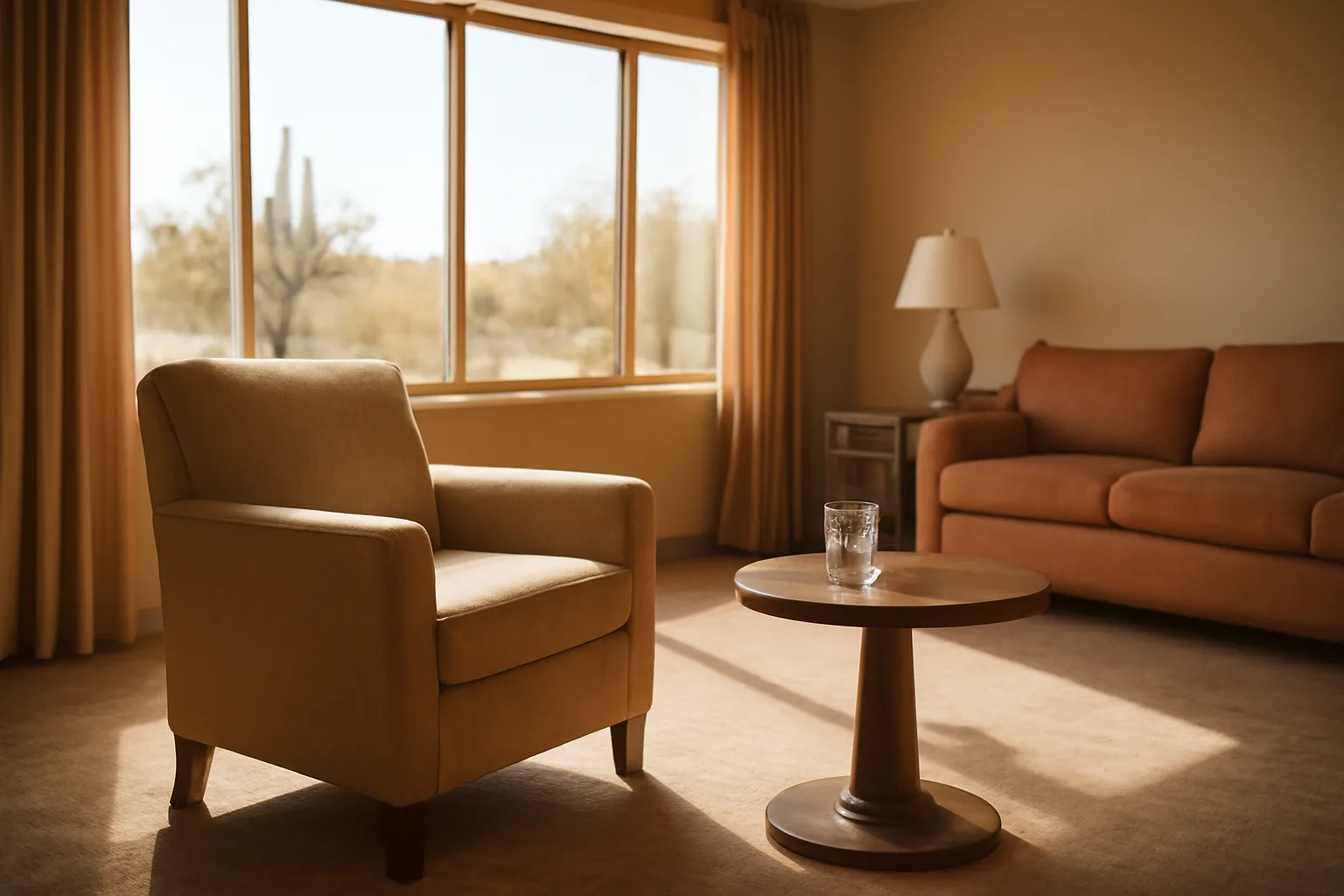 Sunlit living room in an Arizona assisted living home with an empty armchair