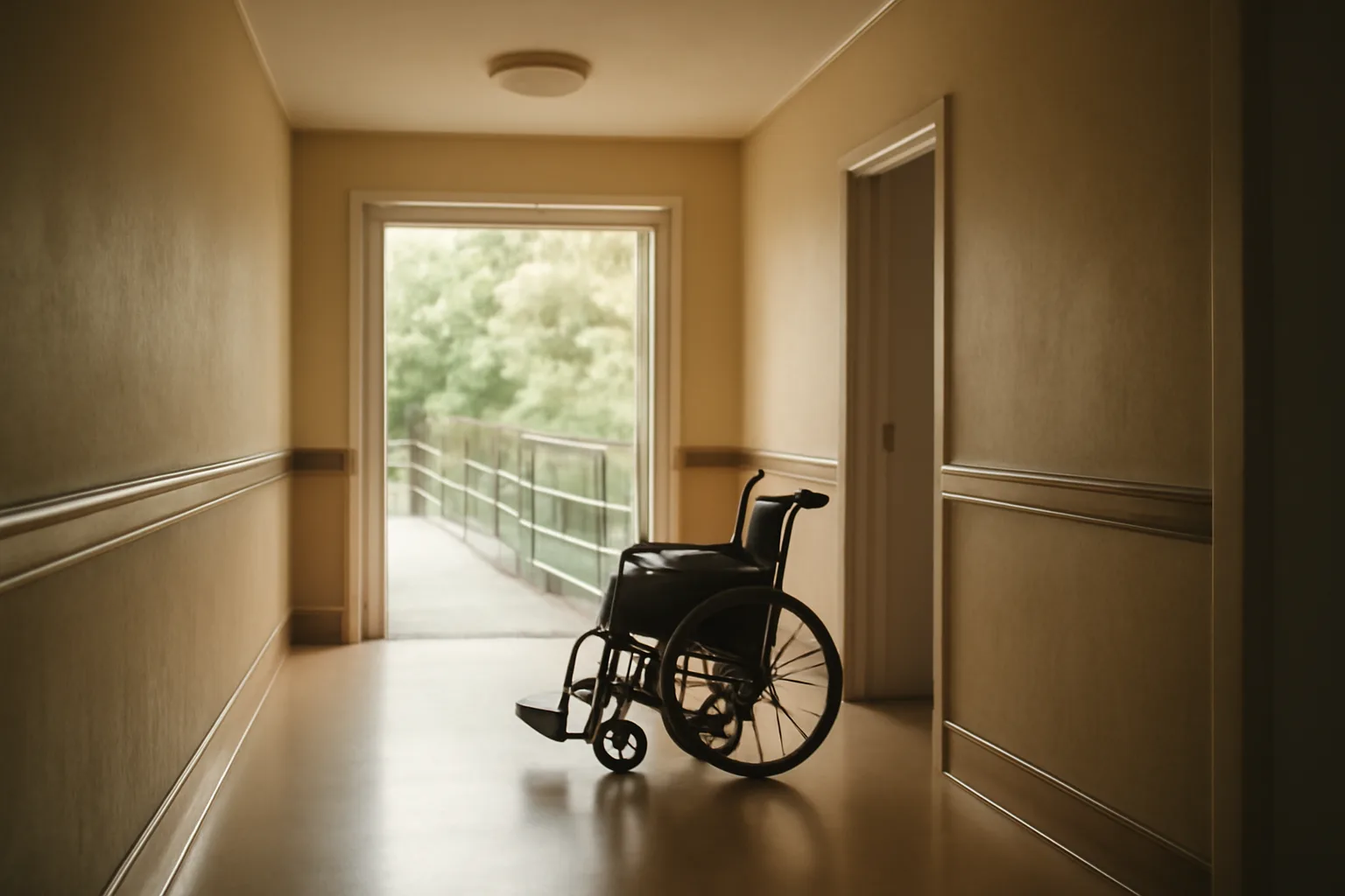 Sunlit hallway inside an Arkansas assisted living facility with ramp visible outside
