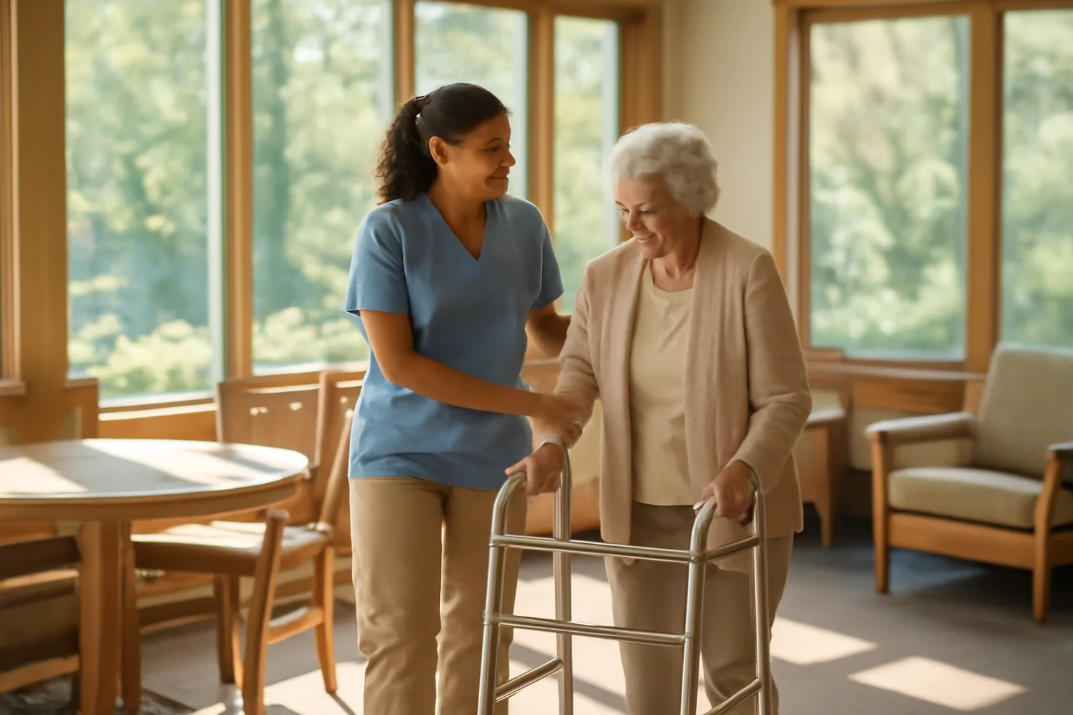 Caregiver assisting a resident in a Spokane-style assisted living facility common room