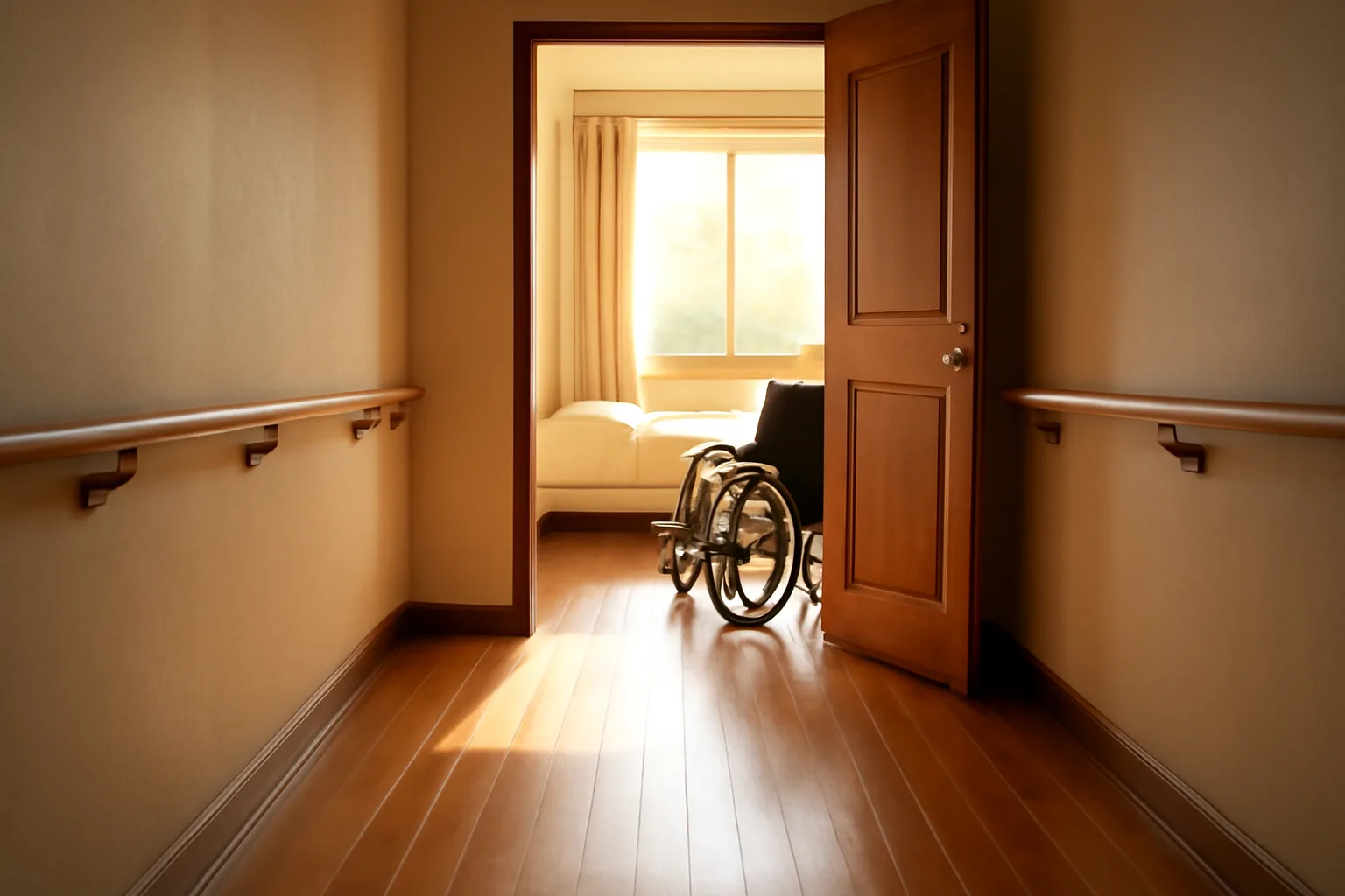Sunlit hallway in a California assisted living facility with handrails and an open bedroom door
