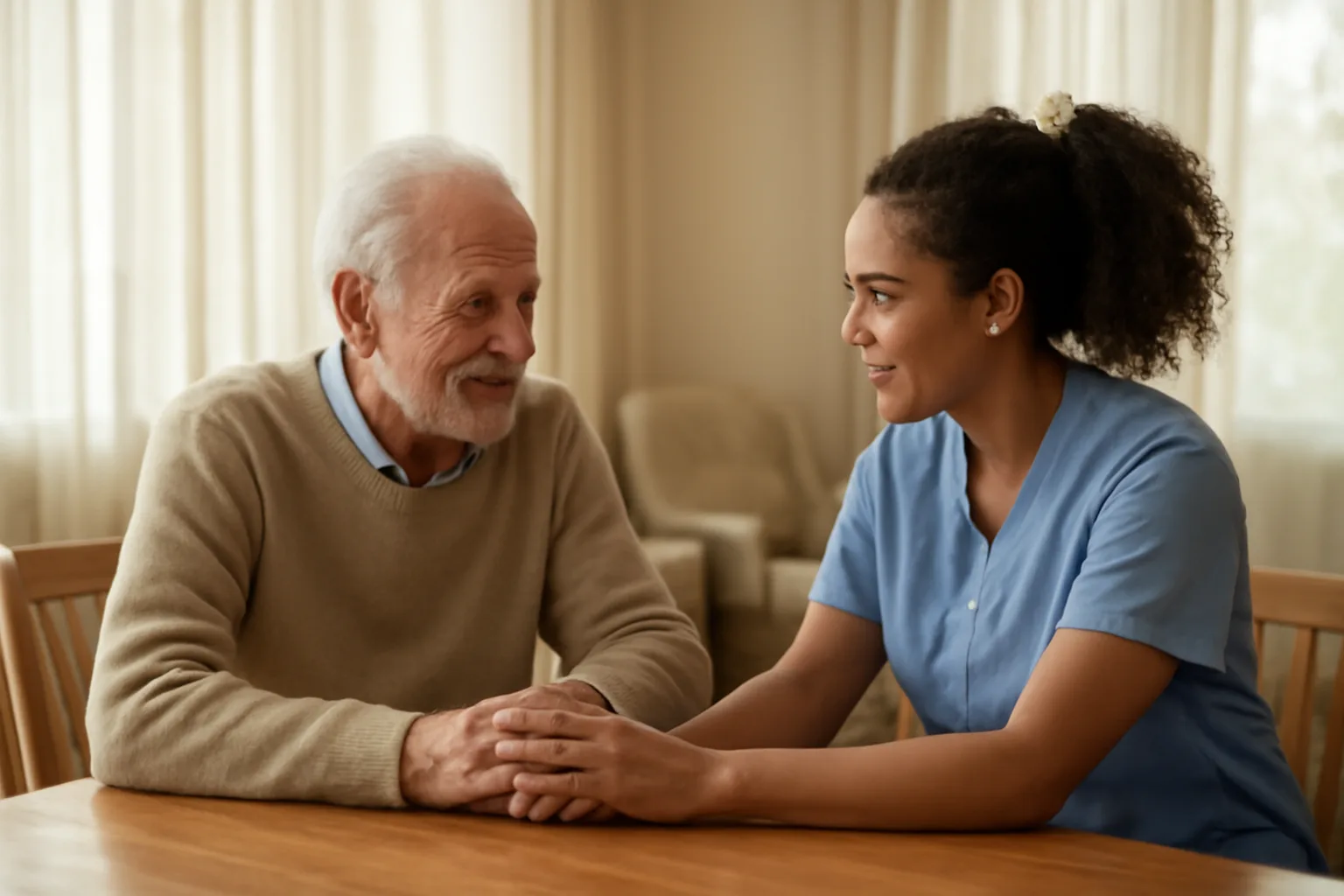 Caregiver and older resident sitting together in a sunlit assisted living common room