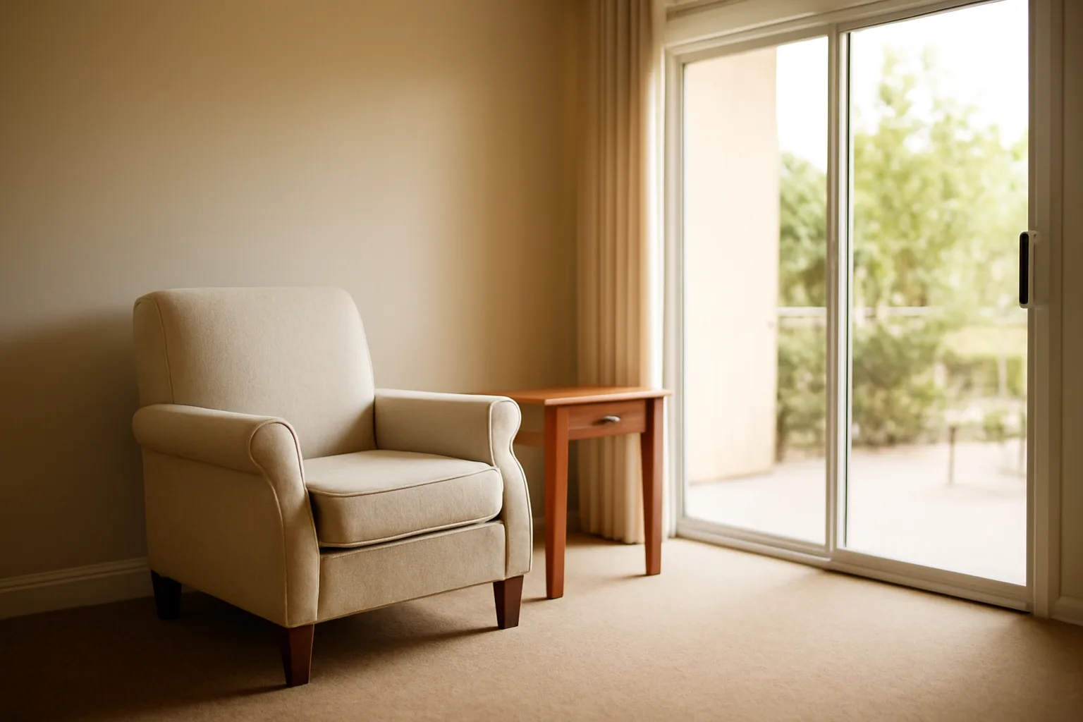 Sunlit living room in a California residential assisted living facility with handrail hallway