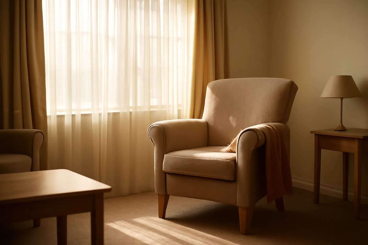 Sunlit common room in a Florida assisted living facility with an empty armchair by a window