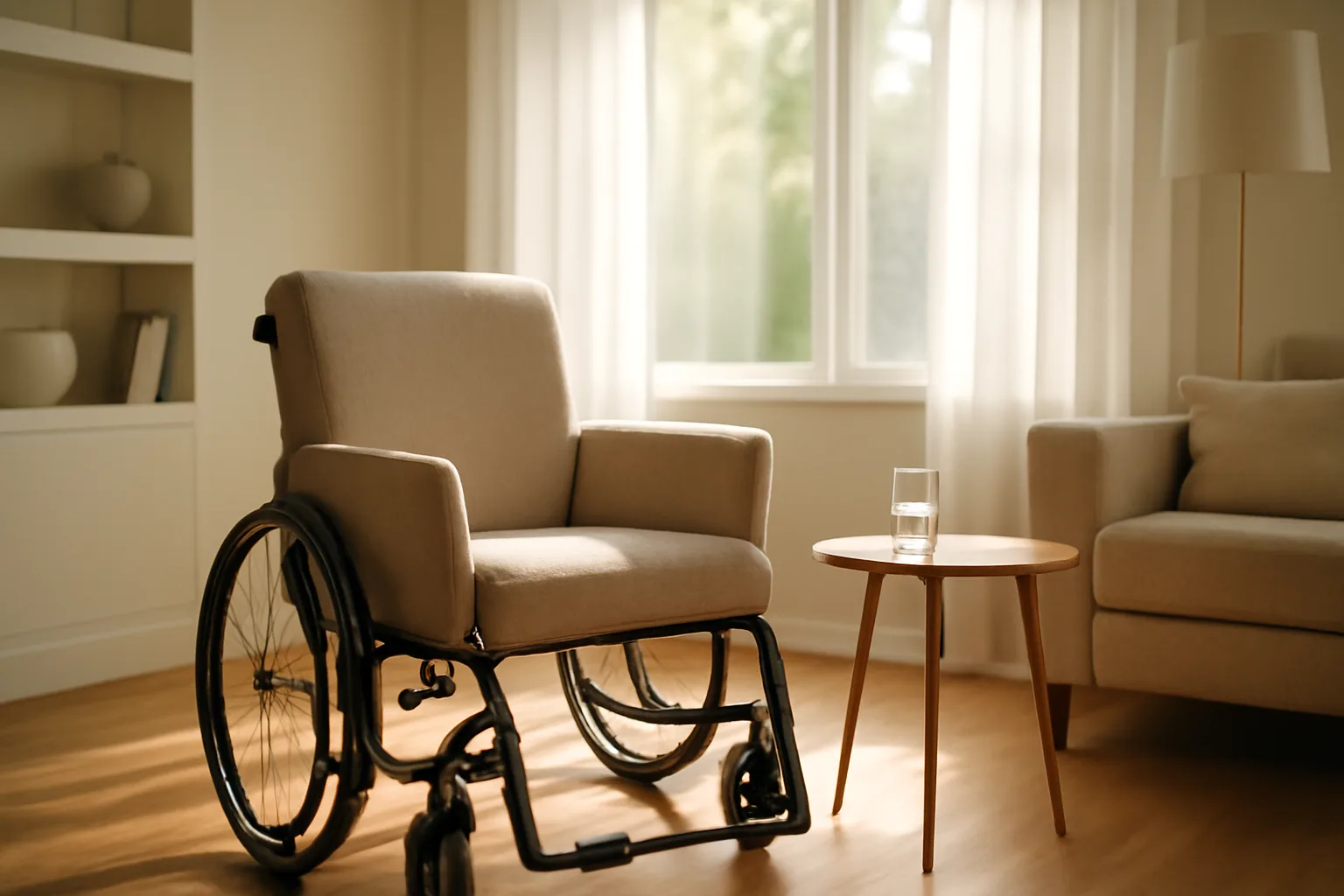 Sunlit residential living room in an Illinois assisted living establishment with an accessible armchair