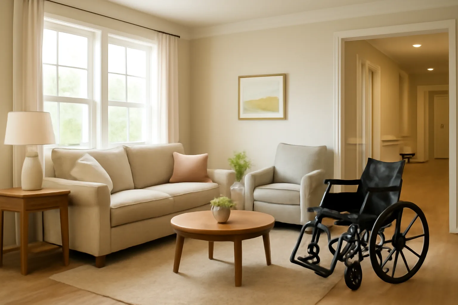 Sunlit living room in a licensed assisted living home with accessible hallway