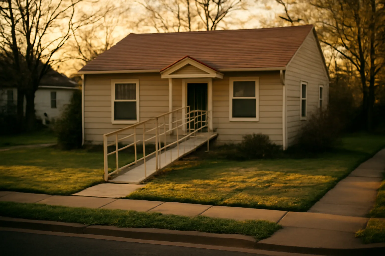 Single-story residential home with wheelchair ramp representing assisted living administrator licensing in Nevada