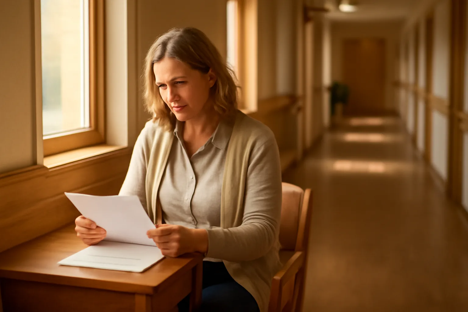 Administrator reviewing paperwork in a sunlit Ohio residential care facility hallway