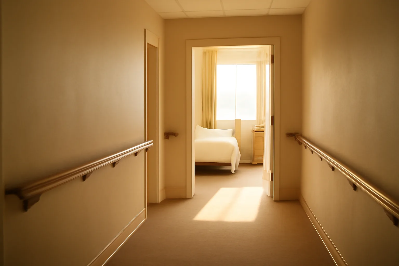 Quiet hallway inside a licensed assisted living residence with natural afternoon light